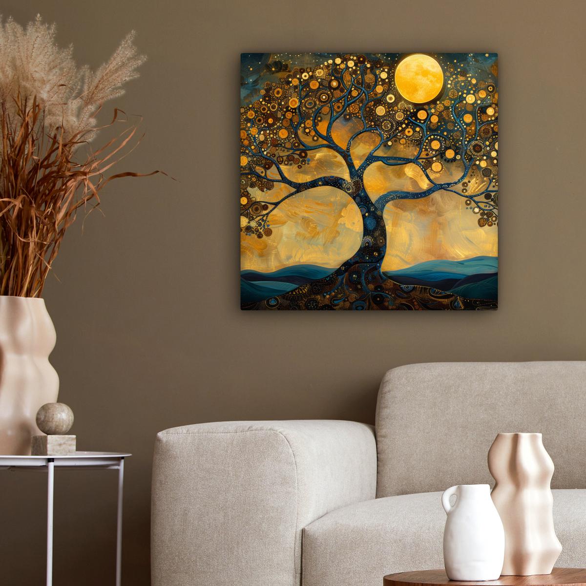 LEINWANDBILD Baum - Mond - Blumen - Gold - Kunst Wandbild Wohnzimmer 50x50 cm - Orange, Textil (50/50cm) - MuchoWow