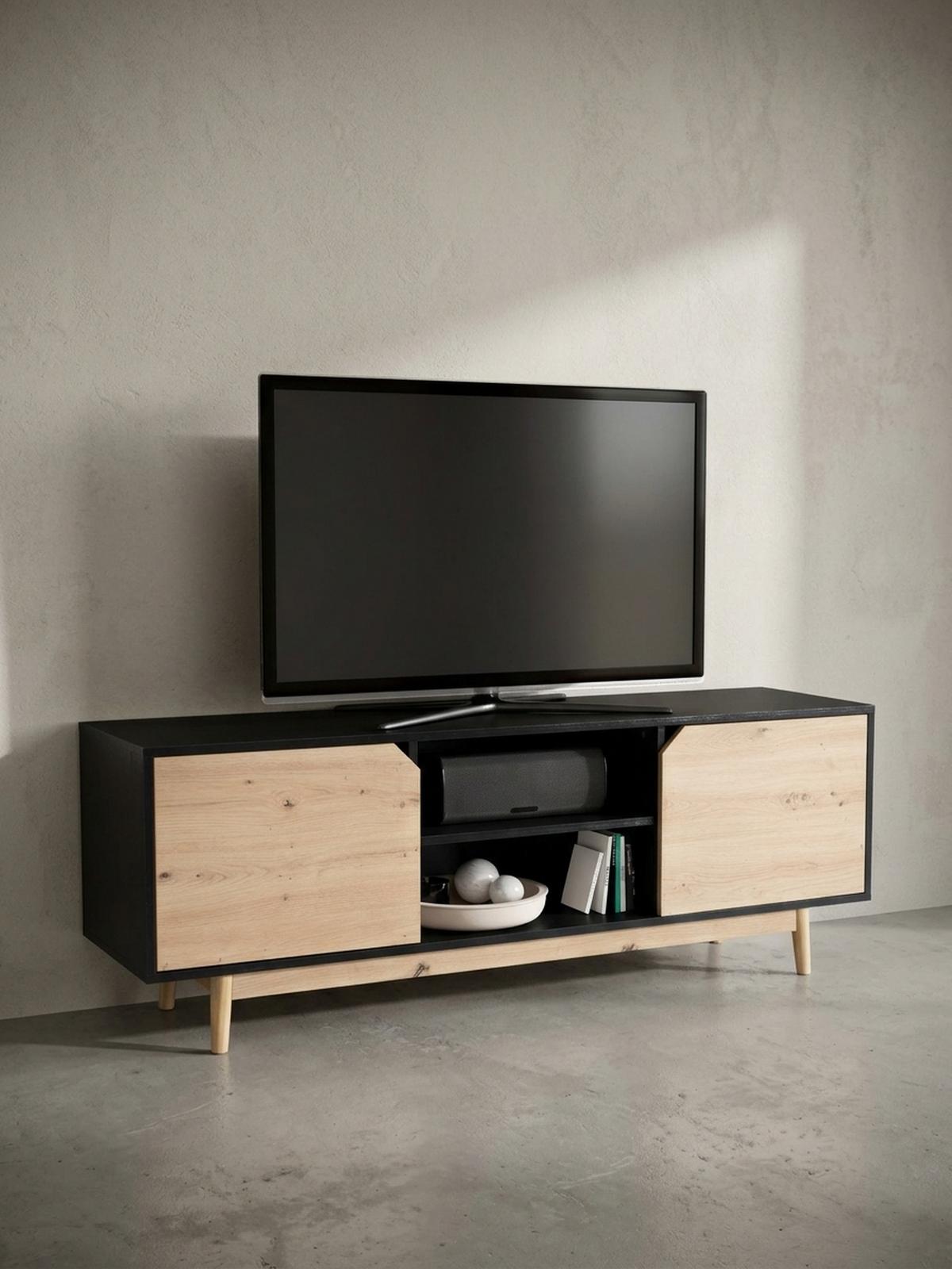 TV-LOWBOARD mit Eiche-Dekor, 2 Türen, modern, Schwarz-Beige 150x40x55 cm - Eichefarben/Schwarz, Holz (150/55/40cm) - KADIMA DESIGN