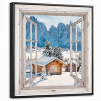 LEINWAND Bilder mit Rahmen - Winterlandschaft - Hütte - Berge - Ausblicke - Aussicht - Natur - 50x50 - Weiß Hochglanz, Textil (50/50cm) - MuchoWow