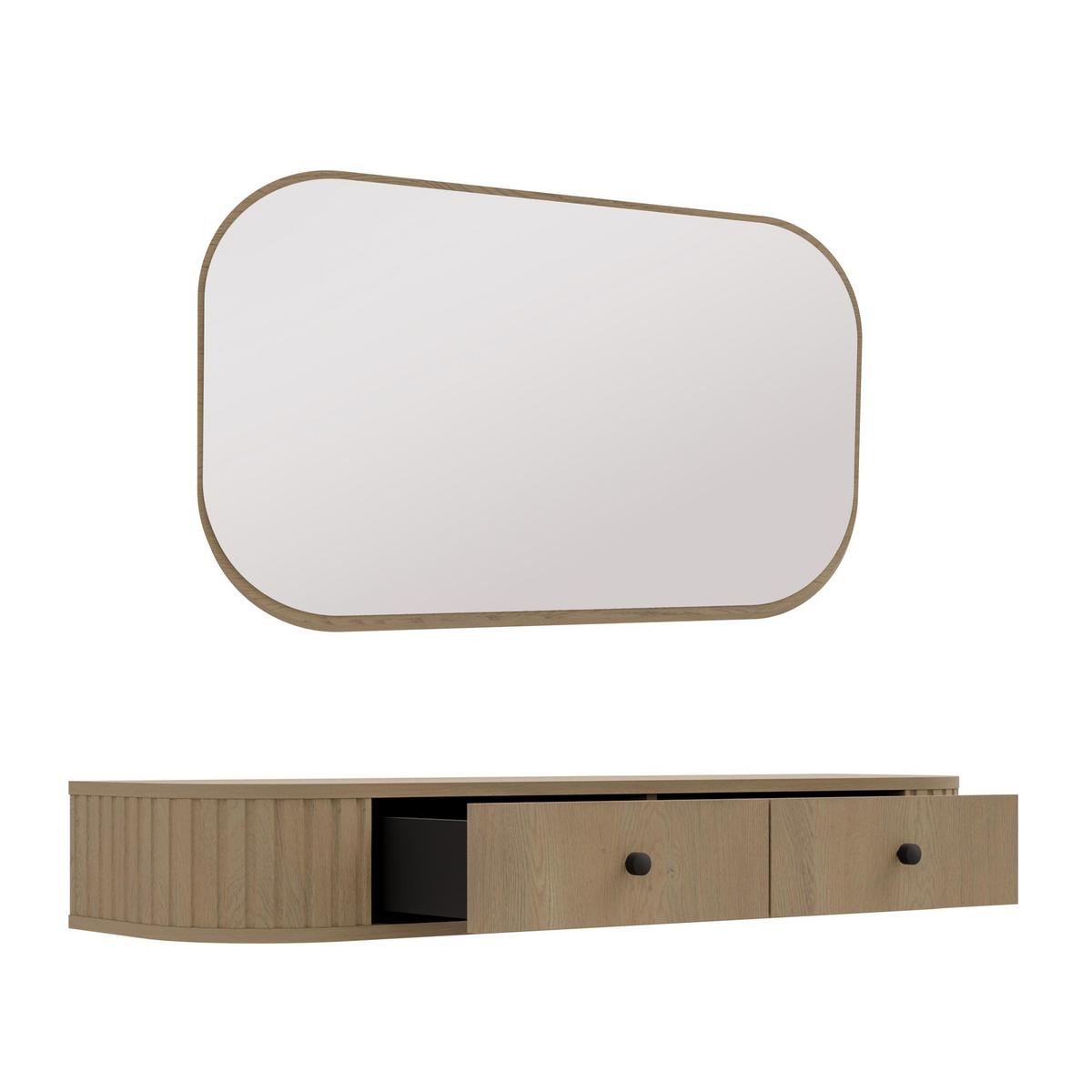KONSOLENTISCH Halay Eiche Cremona 2 Schubladen mit runden Kanten + Rechteckiger Spiegel - Eichefarben/Schwarz, Holzwerkstoff/Metall (36/123/17.5cm) - AX Living