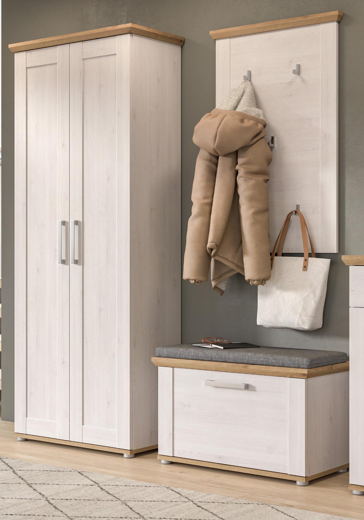 GARDEROBE Set 3-teilig weiß Lärche 175 cm, Komplettset im Landhaus-Stil - Silberfarben/Weiß, Holzwerkstoff/Kunststoff (175/196/39cm) - Inn.Furn