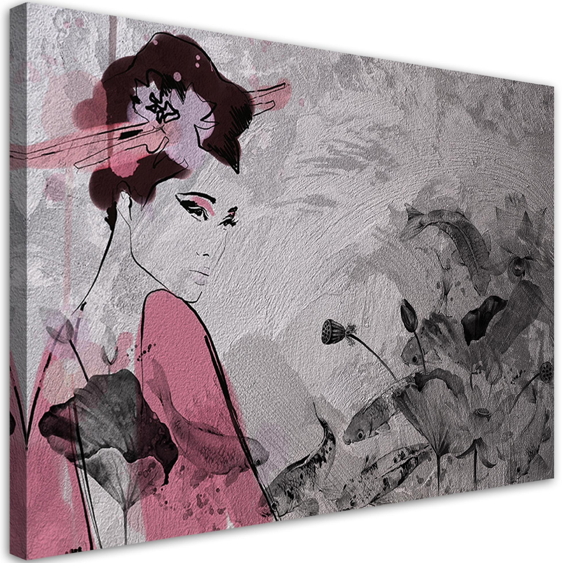 BILD AUF LEINWAND Japanische Geisha 90x60cm - Rosa, Textil (90/60cm) - Feeby