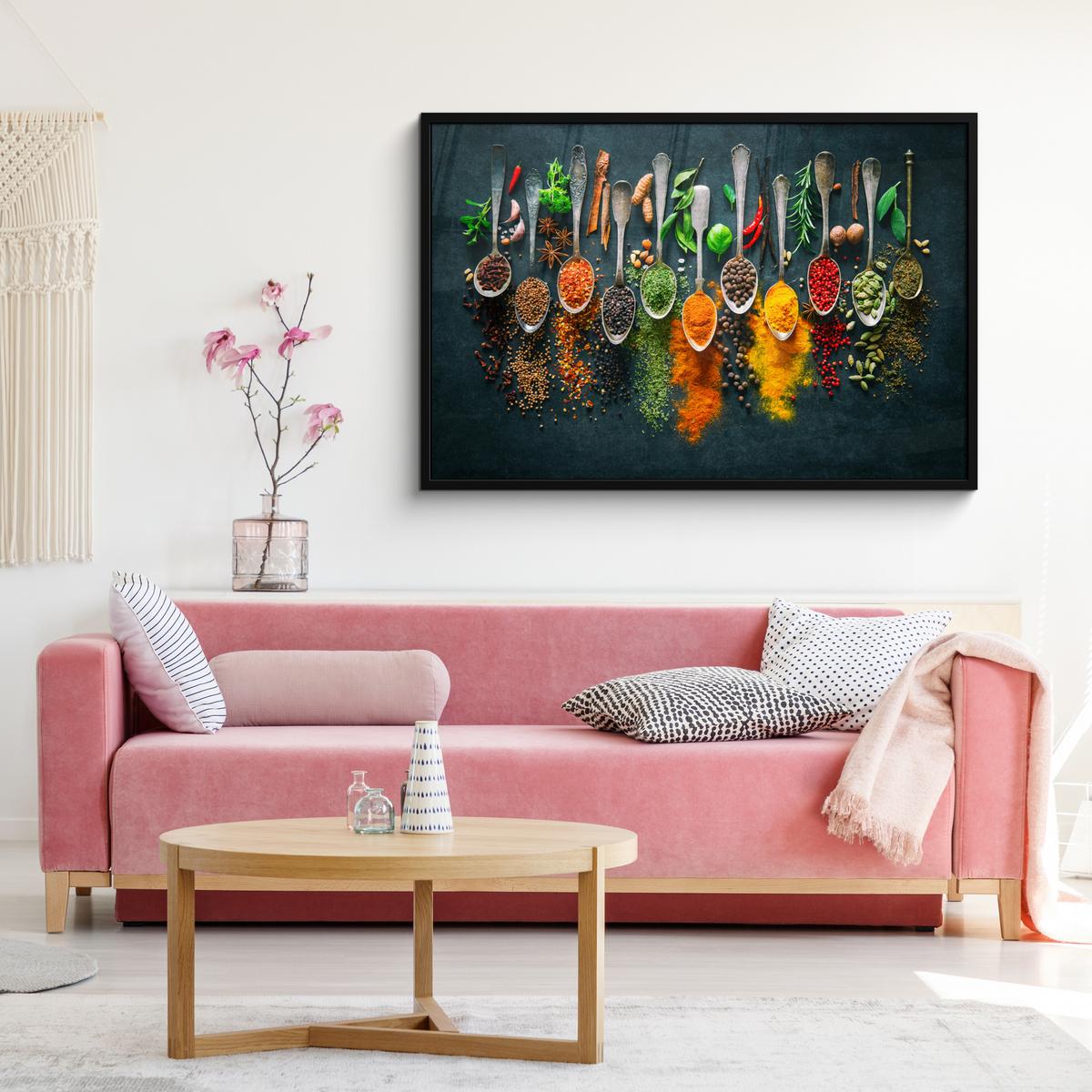 POSTER MIT RAHMENGERAHMTES BILD Kräuter - Gewürze - Löffel 120x80 cm - Currygelb, Papier (120/80cm) - MuchoWow