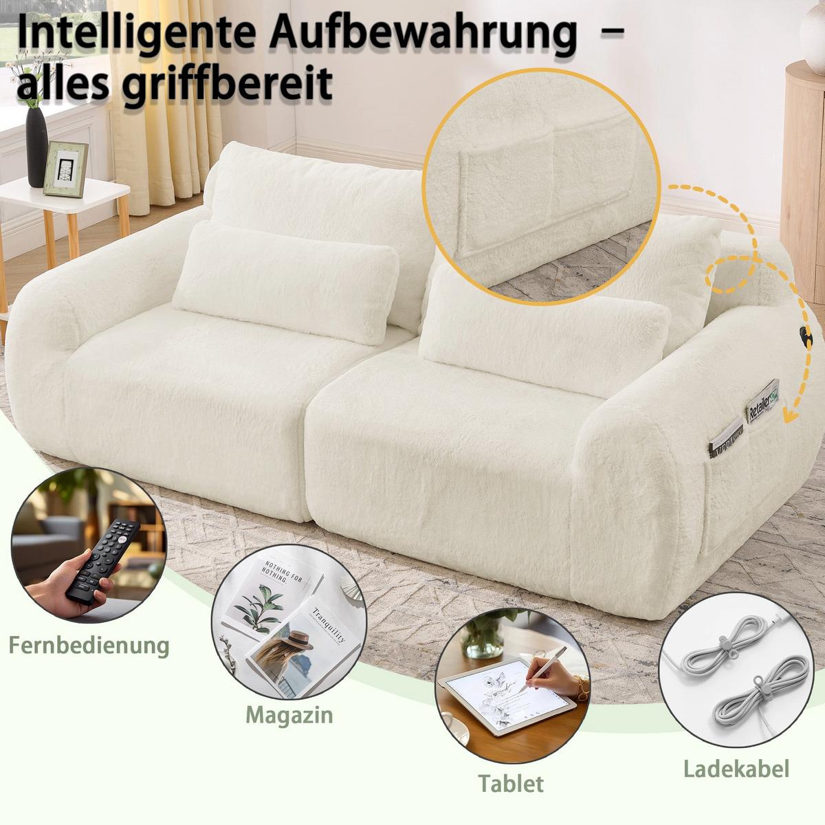 2-SITZER SOFA in Beige aus Kunstfell mit USB-Anschluss & Seitentasche - Beige, Textil (101/81/208cm) - Urban Meuble