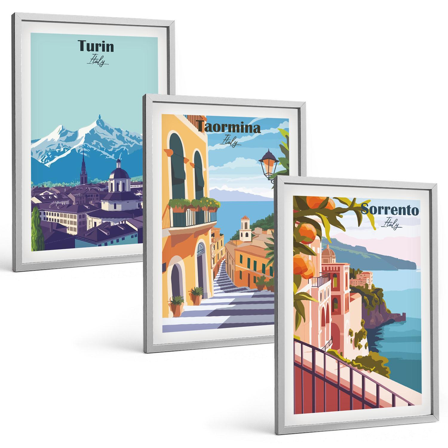 BILDER SET 3er Set - 40x60 cm Silberner Rahmen - Farbenfrohe Retro-Stadtansichten - Silberfarben, Kunststoff (40/60cm) - TULUP