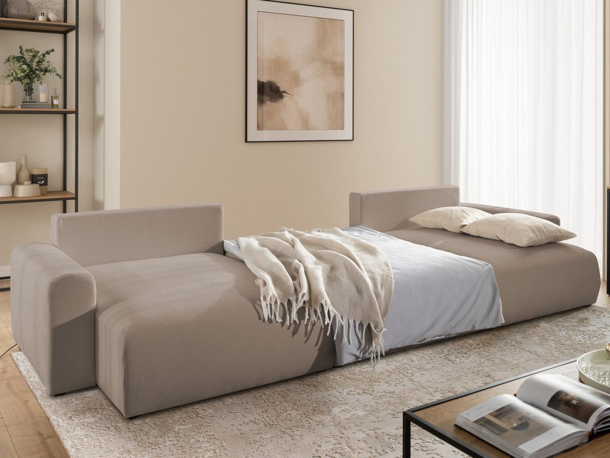WOHNLANDSCHAFT Calma mit Schlaffunktion und Bettkasten im Bumpy-Design aus weichem Greige Webstoff - Greige/Schwarz, Holz/Textil (336/88/140cm) - S-Style