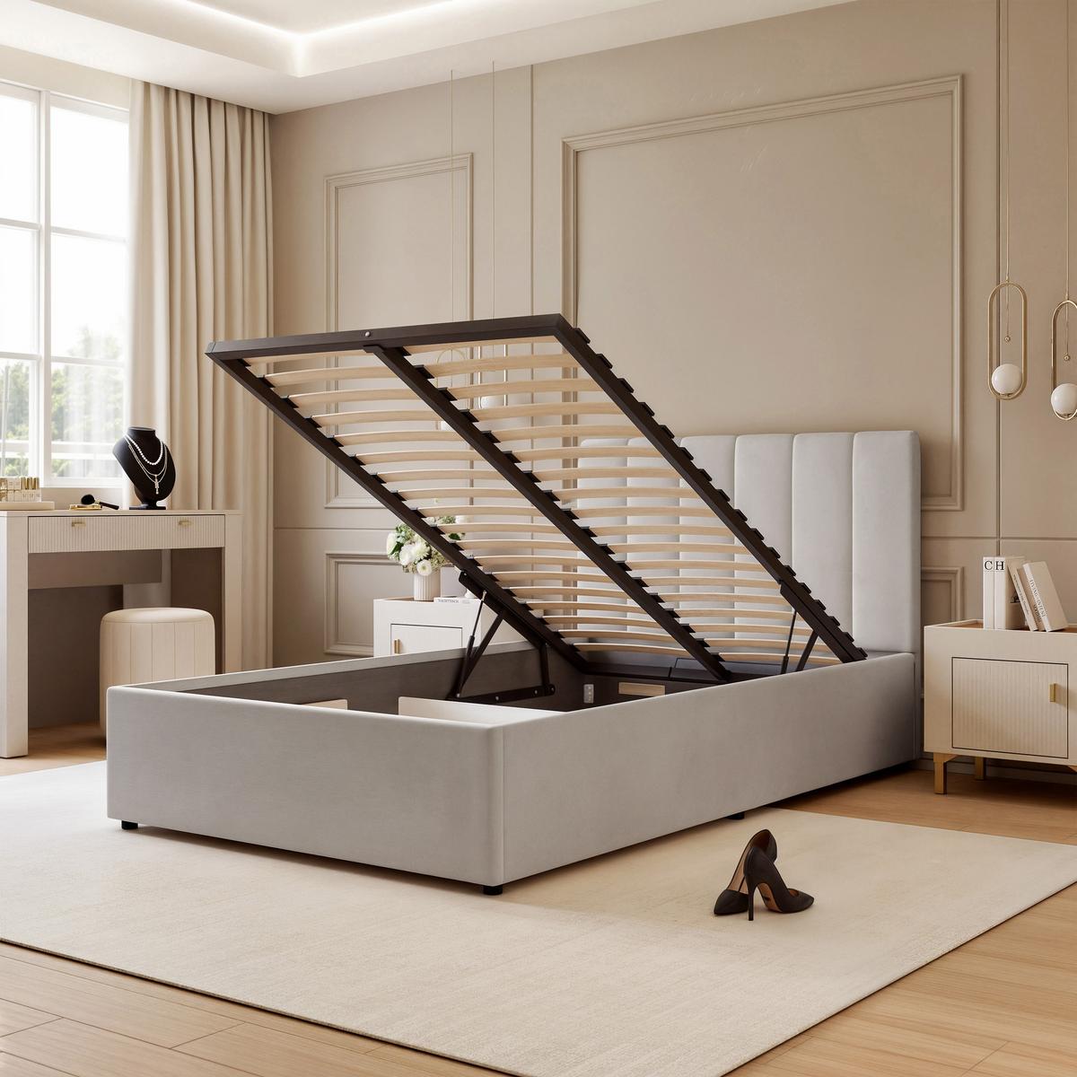 POLSTERBETT AVENA 160/200 cm Bettkasten, Hellgrau - Hellgrau/Schwarz, Holzwerkstoff/Textil (160/200cm) - Idohome