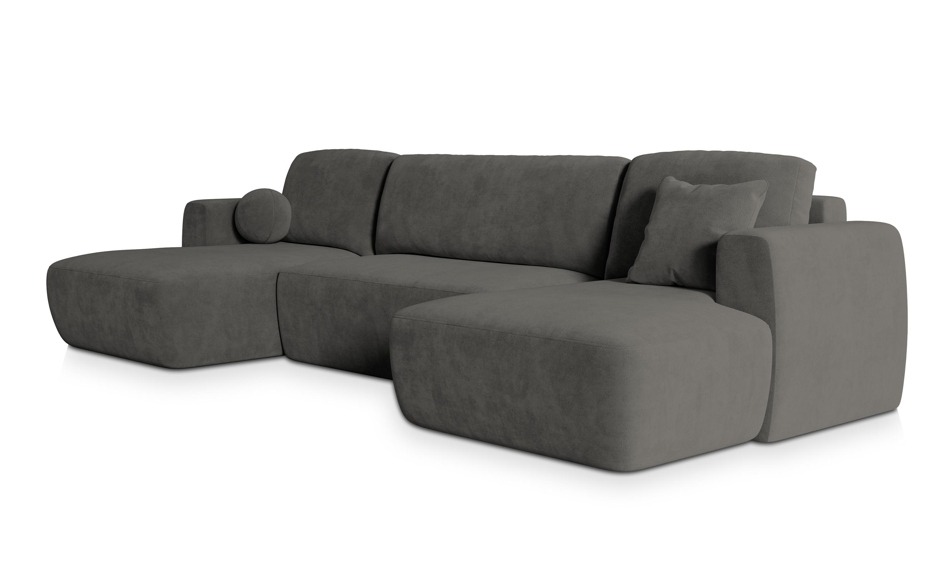 WOHNLANDSCHAFT SENTUM K Grau Plüsch-Stoff mit Schlaffunktion - Schwarz/Grau, Holz/Kunststoff (330/90/148cm) - MASSENO