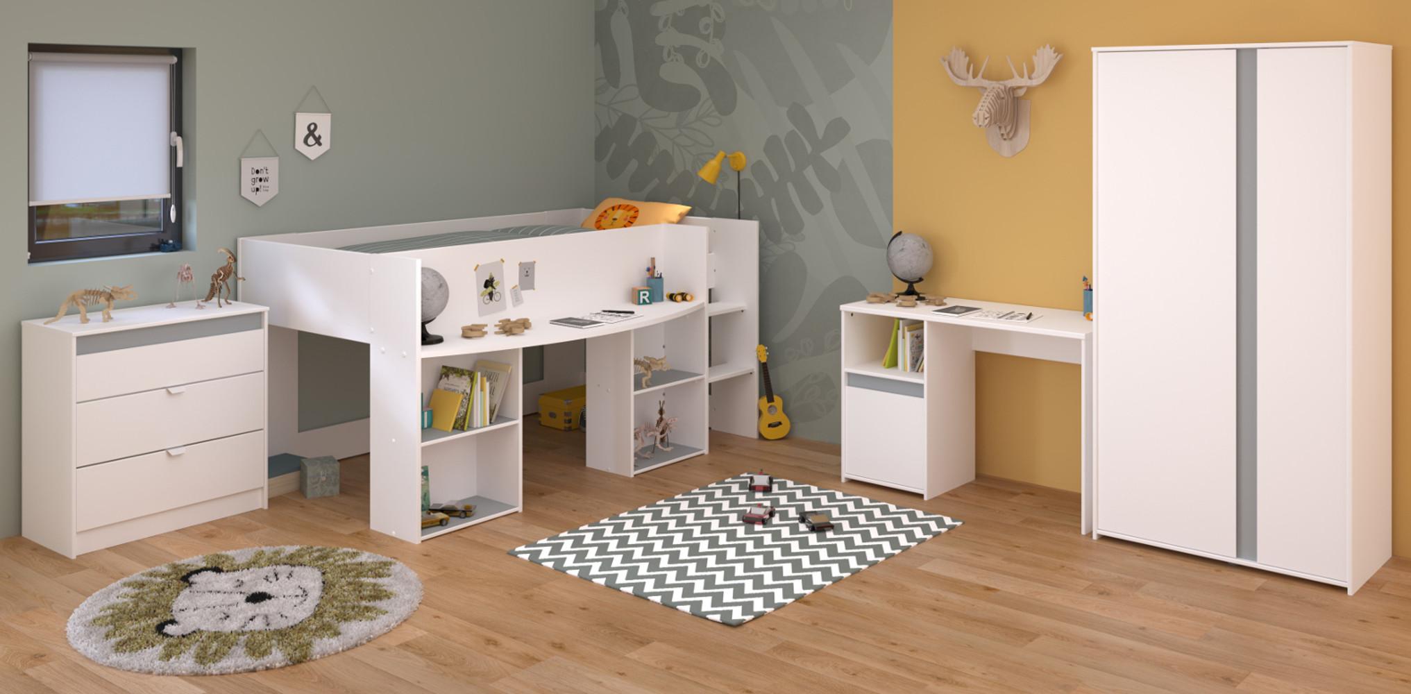 KINDERZIMMER Set 4-teilig, Hochbett 90x200 Kommode Schreibtisch und Kleiderschrank - Weiß, Holzwerkstoff (203/182/132cm) - Parisot Meuble