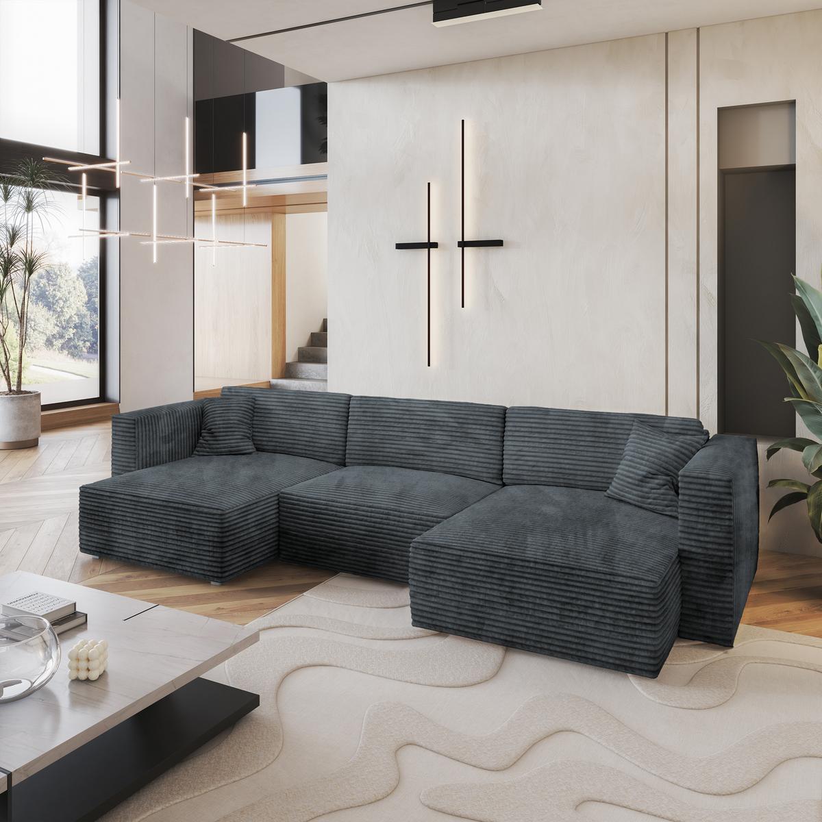 WOHNLANDSCHAFT SARMO Grau Kordstoff mit Schlaffunktion - Grau, Holz/Kunststoff (347/90/148cm) - MASSENO