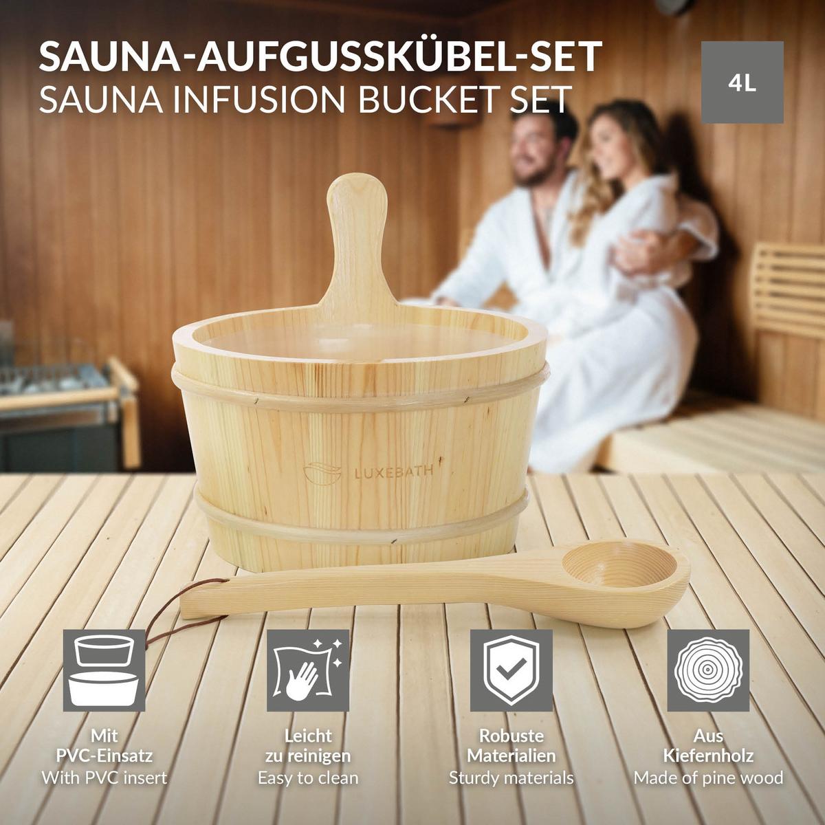 SAUNAZUBEHÖR-SET aus Kiefernholz mit Aufgusskübel und Schöpfkelle - Naturfarben, Holz (27/26/27cm) - LuxeBath