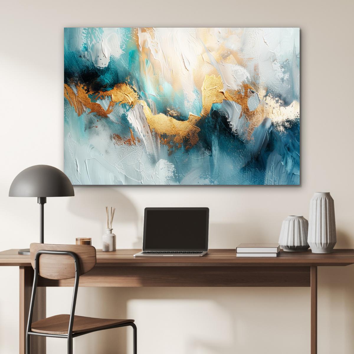 METALLBILD Abstrakt - Kunst - Gold - Blau Deko Groß 120x80 cm - Petrol, Metall (120/80cm) - MuchoWow