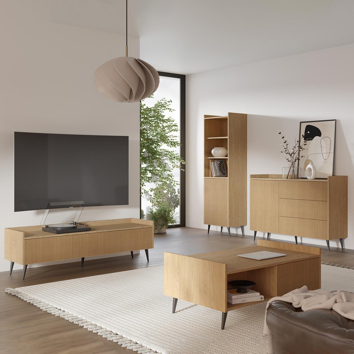 WOHNWAND Amfali 4-teilig –Lowboard, Kommode, Regal und Couchtisch, Push-to-open, Frühlings-Eiche - Eichefarben/Schwarz, Holzwerkstoff/Metall (150/180/41cm) - Beautysofa