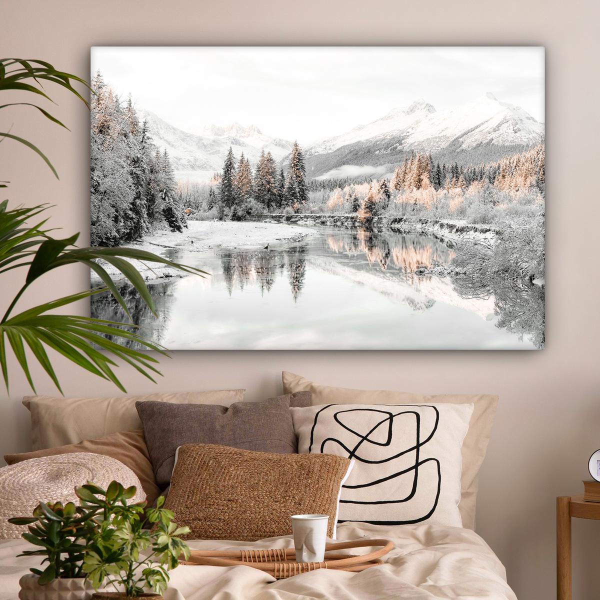 LEINWANDBILD Natur - Winter - Bäume - Berge - Schnee Wohnzimmer Groß 120x80 cm - Weiß Hochglanz, Textil (120/80cm) - MuchoWow