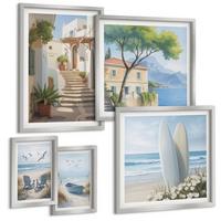 BILDER SET 5er Set - 50x50 cm & 20x30 cm & 40x60 cm Silberner Rahmen - Straßenblumen, Fahrrad bemalt - Silberfarben, Kunststoff (40/60cm) - TULUP
