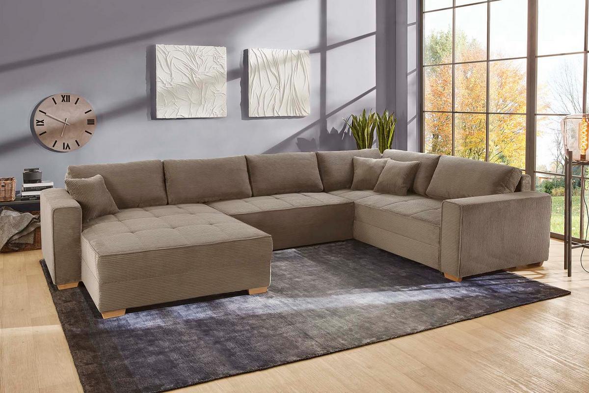 WOHNLANDSCHAFT Schlaffunktion Bettkasten Wellenunterfederung, spiegelverkehrt montierbar U-Form B379/T227/H86 cm, Cord Braun Taupe / 15197 - Eichefarben/Braun, Holz/Textil (379/86/227cm) - luma-home