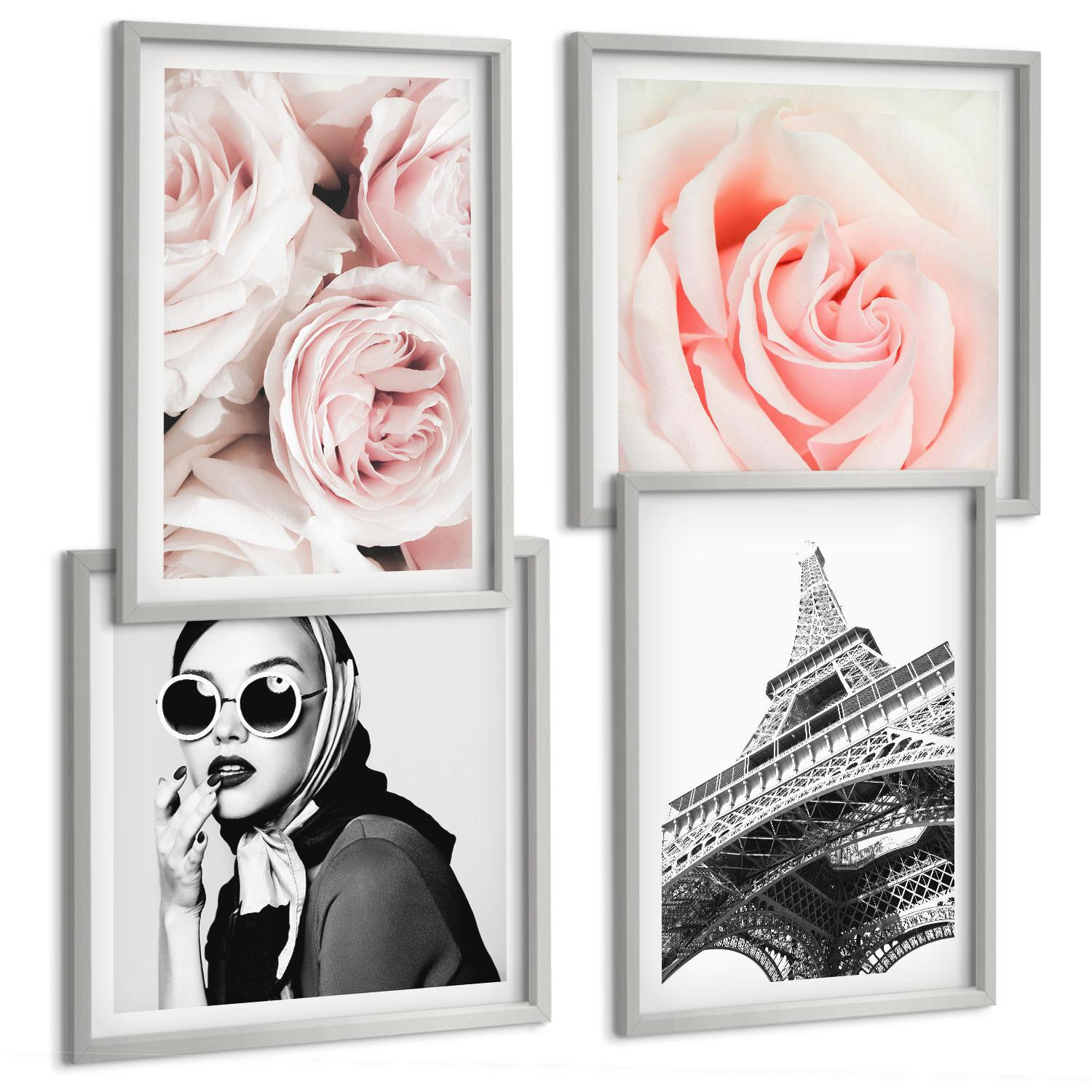 BILDER SET 4er Set - 50x50 cm & 40x60 cm Silberner Rahmen - Eiffels Porträt einer Frau mit Rosen - Silberfarben, Kunststoff (50/50cm) - TULUP