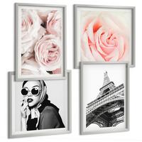 BILDER SET 4er Set - 50x50 cm & 40x60 cm Silberner Rahmen - Eiffels Porträt einer Frau mit Rosen - Silberfarben, Kunststoff (50/50cm) - TULUP