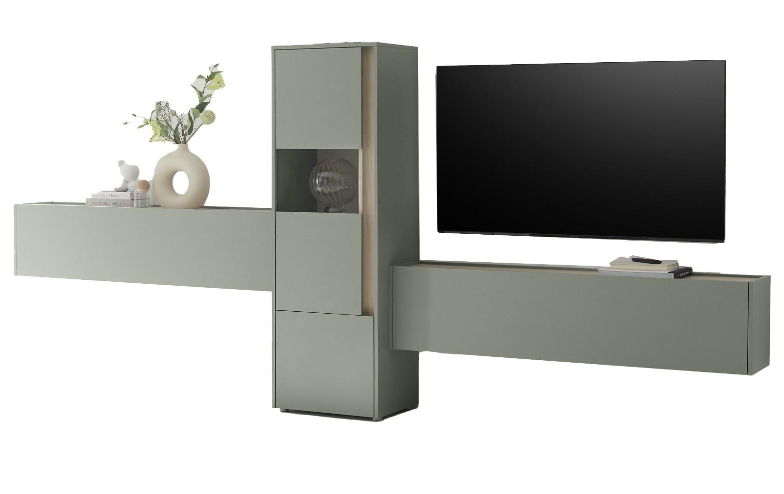 WOHNWAND 3-teilig in Salbei grün, Barista Eiche 350, Komplett-Set mit viel Stauraum - Salbeigrün/Eichefarben, Glas/Holzwerkstoff (350/155/40cm) - Furn.Design
