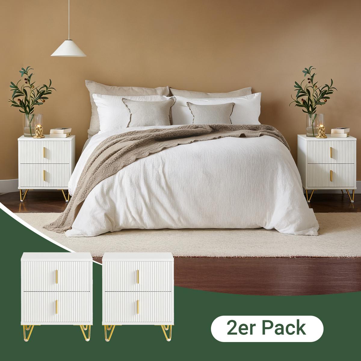 NACHTTISCH 2er Set, Beistelltisch mit 2 Schubladen, Weiß 40x47x40cm - Weiß, Holzwerkstoff (40/47/40cm) - SoBuy