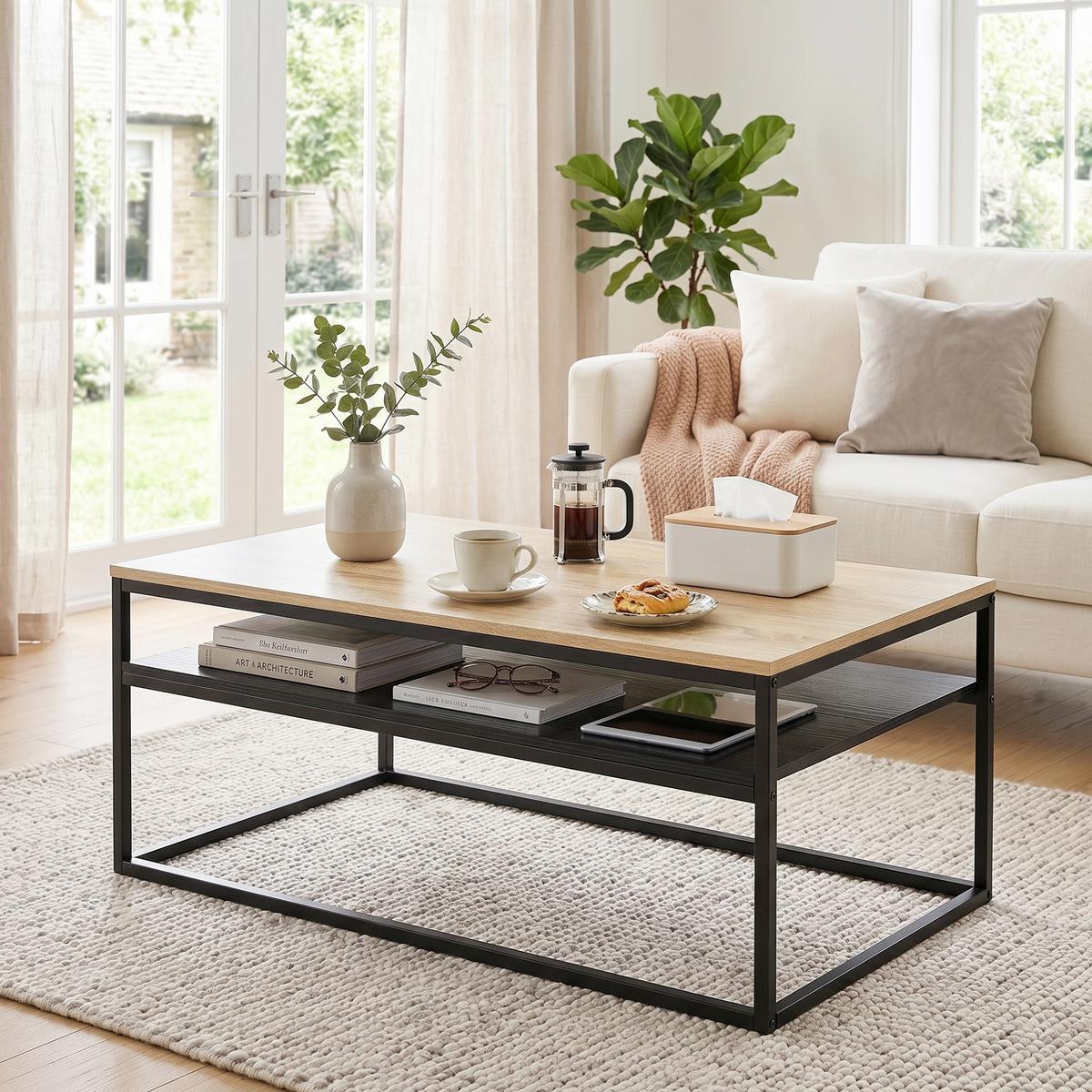 COUCHTISCH Spanplatte Metall Naturholz - Eichefarben/Schwarz, Holzwerkstoff/Metall (100/59.8/47cm) - HOMCOM