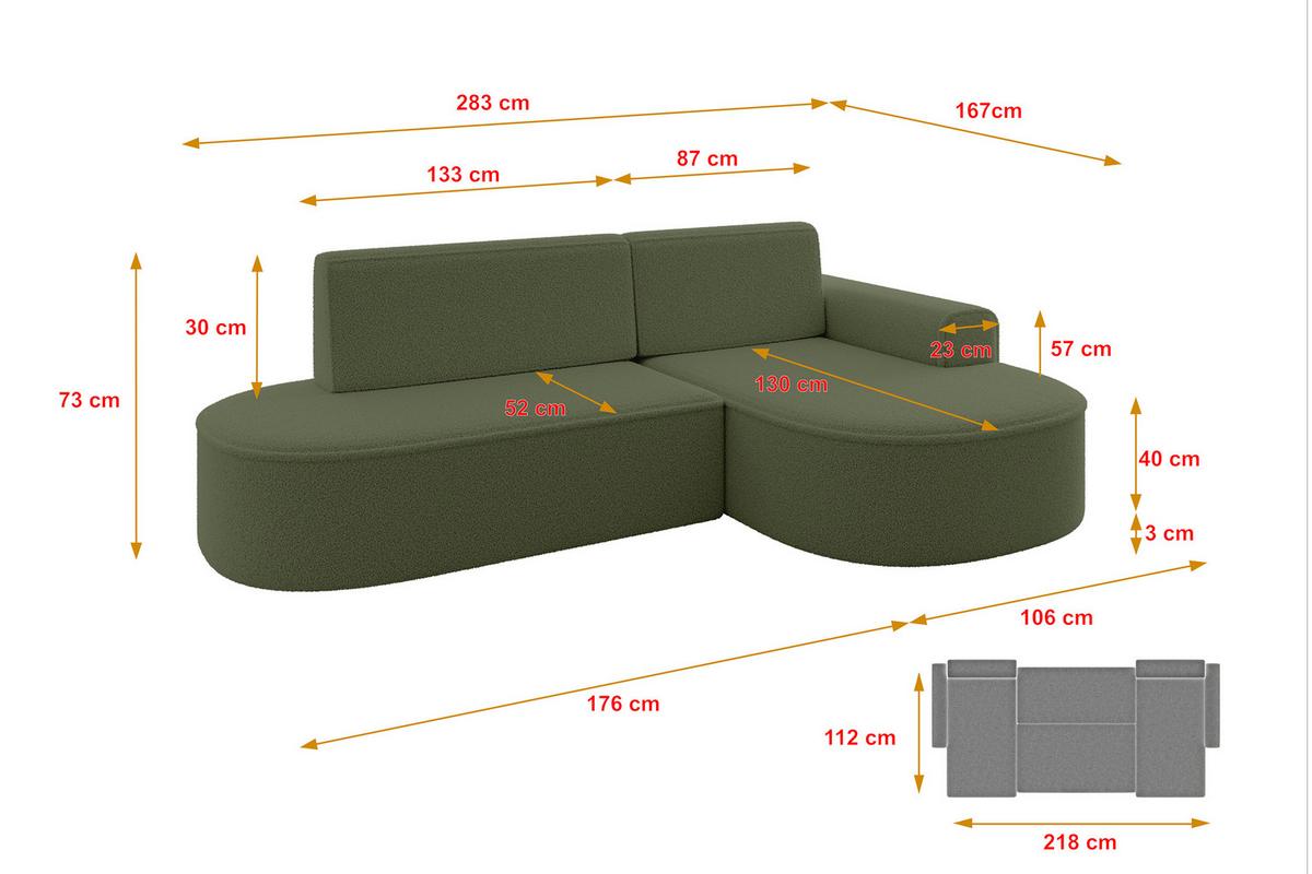 ECKSOFA mit Schlaffunktion und Bettkasten Ottomane Rechts MARI-L1-S - 283x167x73 cm Grün Bouclé - Schwarz/Grün, Holzwerkstoff/Kunststoff (167/283cm) - ALTDECOR