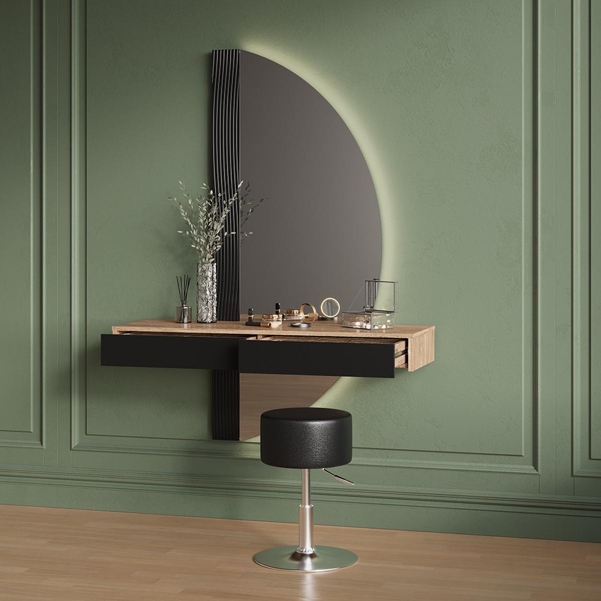 SCHMINKTISCH Ascona Schwarz mit Beleuchtung und Hocker - Schwarz, Holzwerkstoff (120/161.1/40cm) - Livinity®