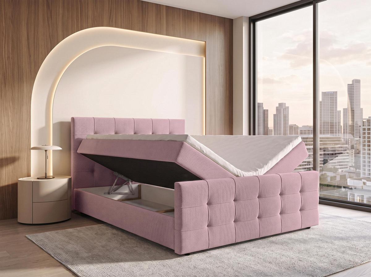 BOXBETT DEFNE 160x200 cm mit Fußteil und Matratze - Rosa + TOPPER - Schwarz/Rosa, Holz/Holzwerkstoff (160/200cm) - AX Living