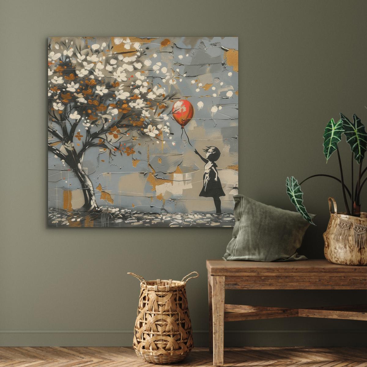 AKUSTIKBILD Baum - Graffiti - Banksy-Stil - Ballon-Mädchen Akustikpaneele 90x90 cm - Blaugrau, Kunststoff (90/90/0.9cm) - MuchoWow