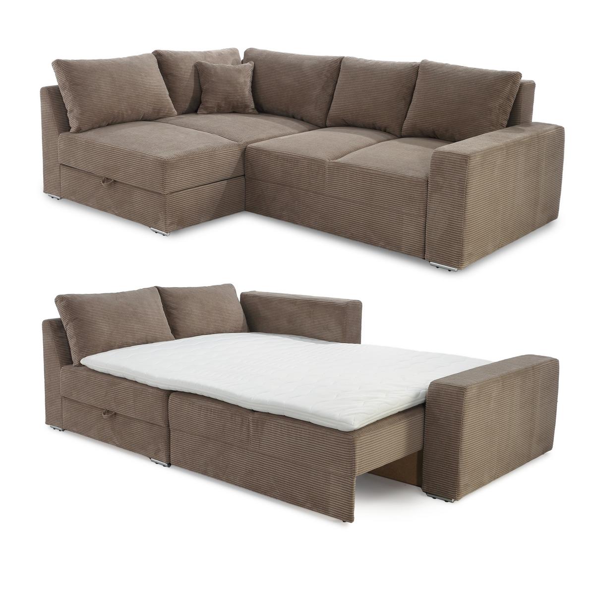 ECKSOFA-DAUERSCHLÄFER Boxspring Federkern Topper Bettkasten, seitenverkehrt montierbar B260/T181/H88 cm, Cord Braun Taupe / 15234 - Chromfarben/Braun, Textil/Metall (260/181cm) - luma-home