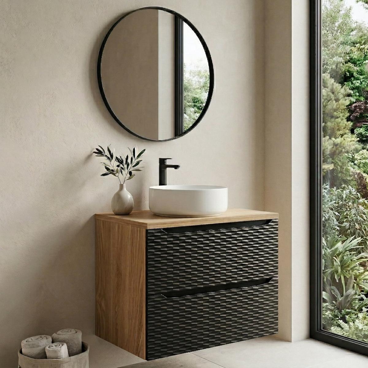 WASCHBECKENUNTERSCHRANK Ocean 2 Schubladen Schwarz Matt mit Eiche - 80 x 46 x 59 cm - Eichefarben/Schwarz, Holz (80/59/46cm) - Badplaats