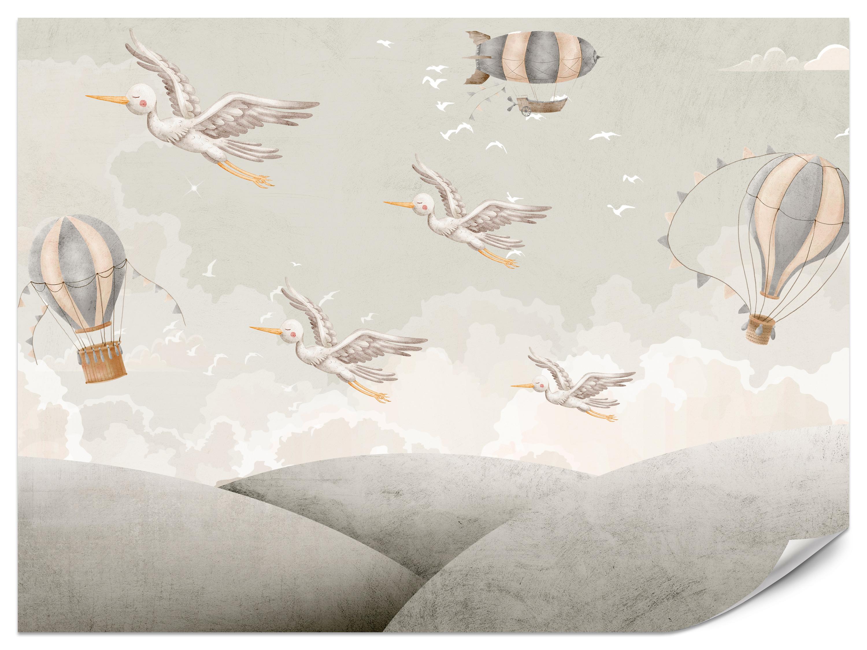 FOTOTAPETE für Kinderzimmer Boho Störche Aquarell Balon Luftschiff Himmel 300x210 - Beige/Weiß, Papier (300/210cm) - Muralo