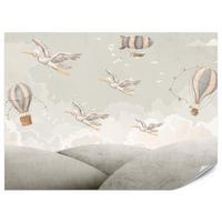 FOTOTAPETE für Kinderzimmer Boho Störche Aquarell Balon Luftschiff Himmel 300x210 - Beige/Weiß, Papier (300/210cm) - Muralo
