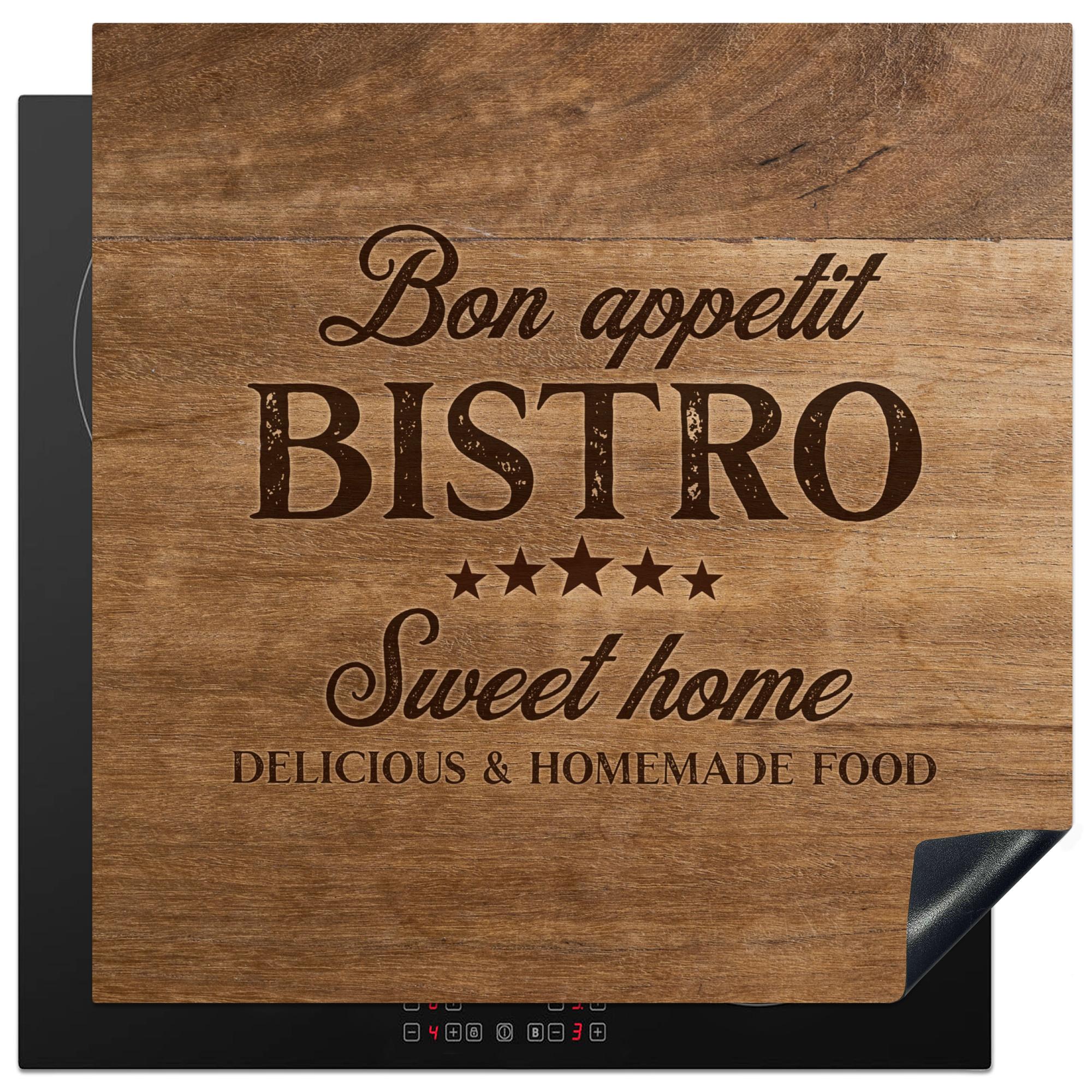 HERDABDECKPLATTE Zitat - Bistro - Guten Appetit - Süßes Zuhause - Holzmaserung Induktionsmatte 78x78 cm - Braun, Kunststoff (78/78/0.2cm) - MuchoWow