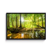 POSTER MIT RAHMENGERAHMTES BILD Wald - Landschaft - Wasser - Bäume - Sonne - Grün - Natur 90x60 cm - Grün, Papier (90/60cm) - MuchoWow