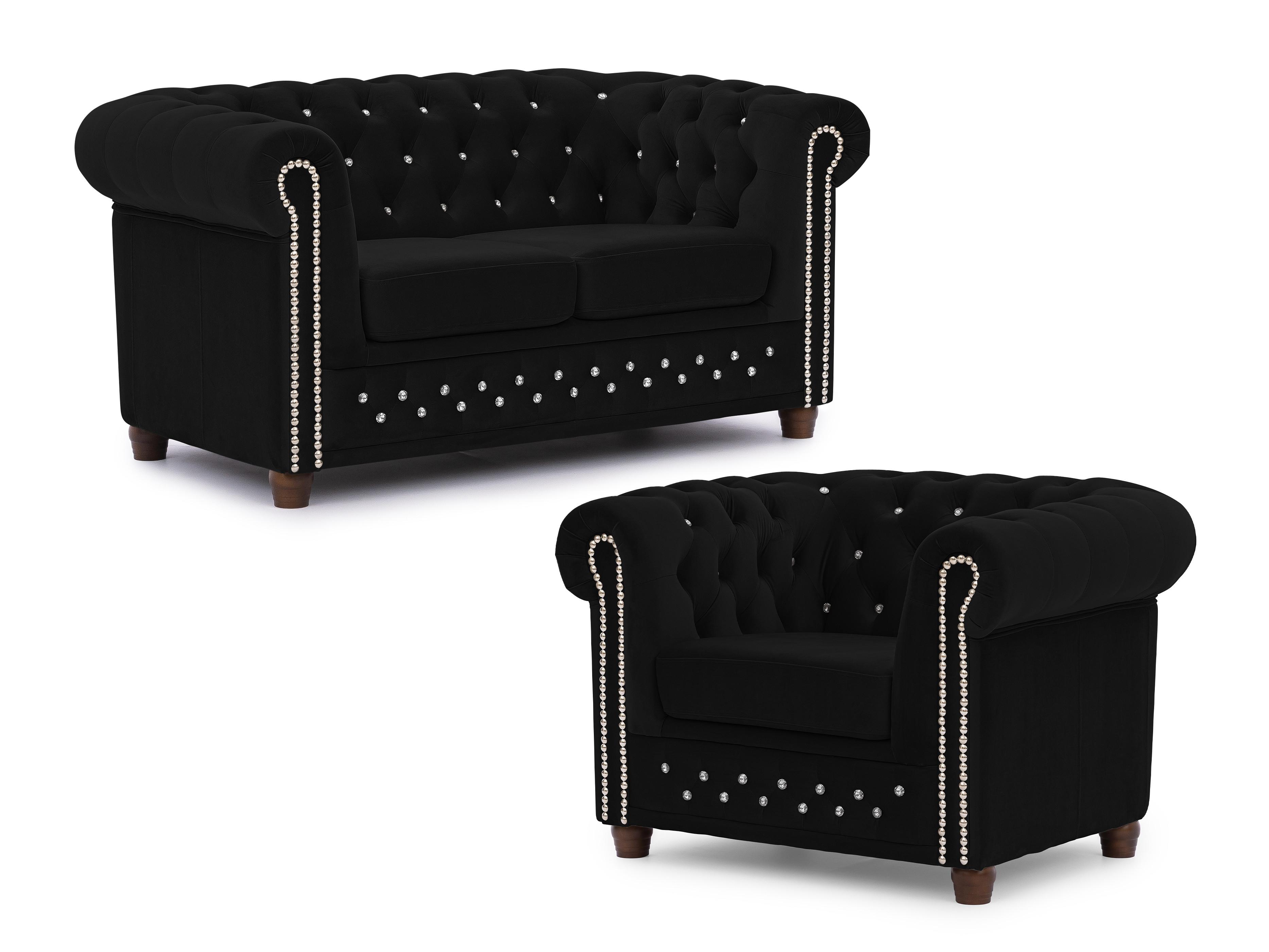 SITZGARNITUR 2+1 Chesterfield Cleo Blink Schwarz Samt mit Kristallsteppung und braunen Massivholzfüßen - Beige/Schwarz, Holz/Textil (148/72/86cm) - S-Style Möbel
