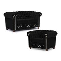 SITZGARNITUR 2+1 Chesterfield Cleo Blink Schwarz Samt mit Kristallsteppung und braunen Massivholzfüßen - Beige/Schwarz, Holz/Textil (148/72/86cm) - S-Style Möbel