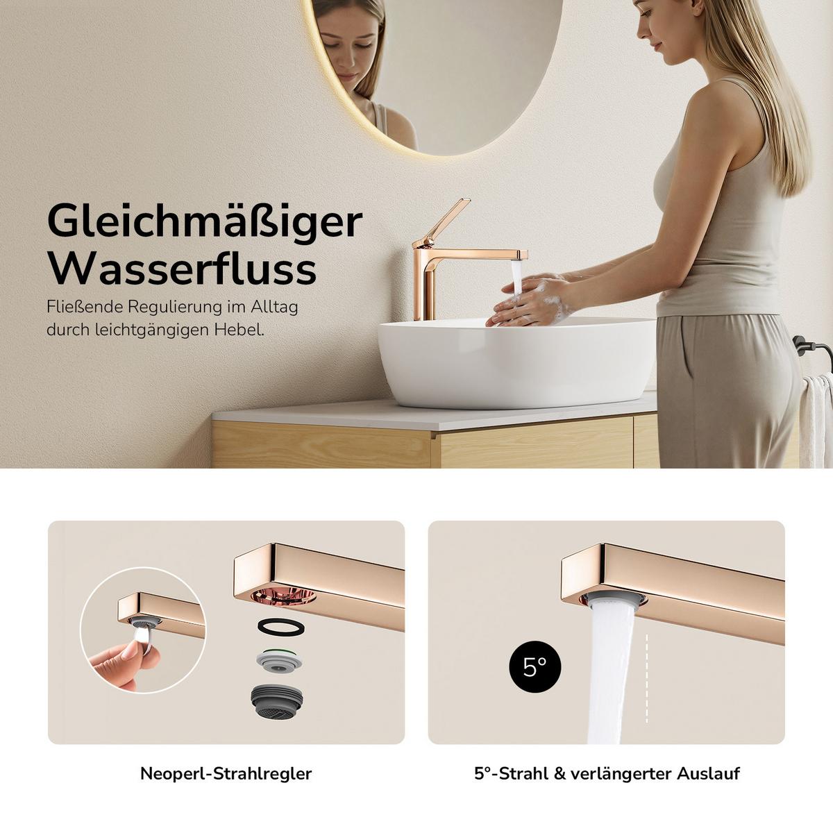 WASCHTISCHARMATUR mit Zertifiziertem Filterelement Rosengold Hoher Stil - Roségold, Metall (23.3/4.6/33.5cm) - EMKE
