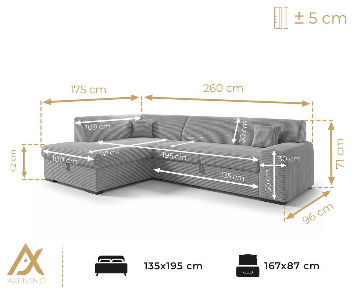 ECKSOFA L Form Minosa Grau 260/175/71 cm Links mit Schlaffunktion - Schwarz/Grau, Kunststoff/Textil (260/175cm) - AX Living