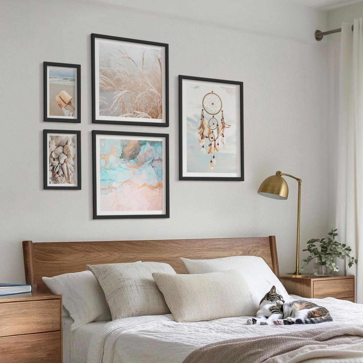 BILDER SET 5er Set - 50x50 cm & 20x30 cm & 40x60 cm Schwarzer Rahmen - Stadtansichten, Brücken, Eiffelturm, Auto - Schwarz, Kunststoff (40/60cm) - TULUP