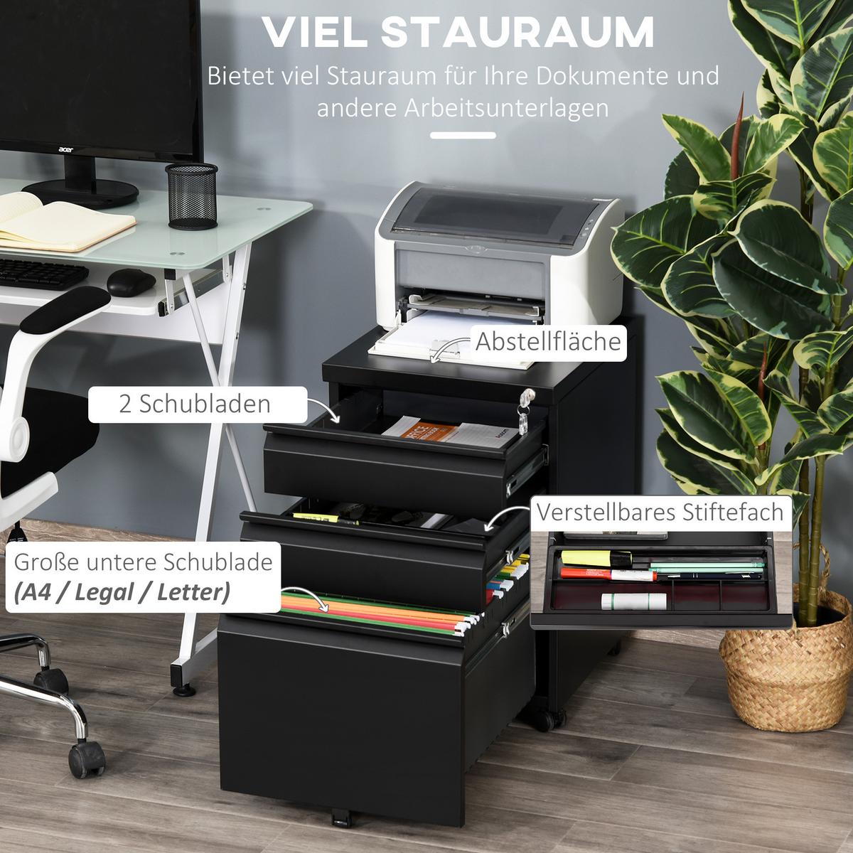 ROLLCONTAINER Aktenschrank Büroschrank mit 3 Schubladen Räder Stahl Schwarz - Schwarz, Metall (48/60/39cm) - Vinsetto