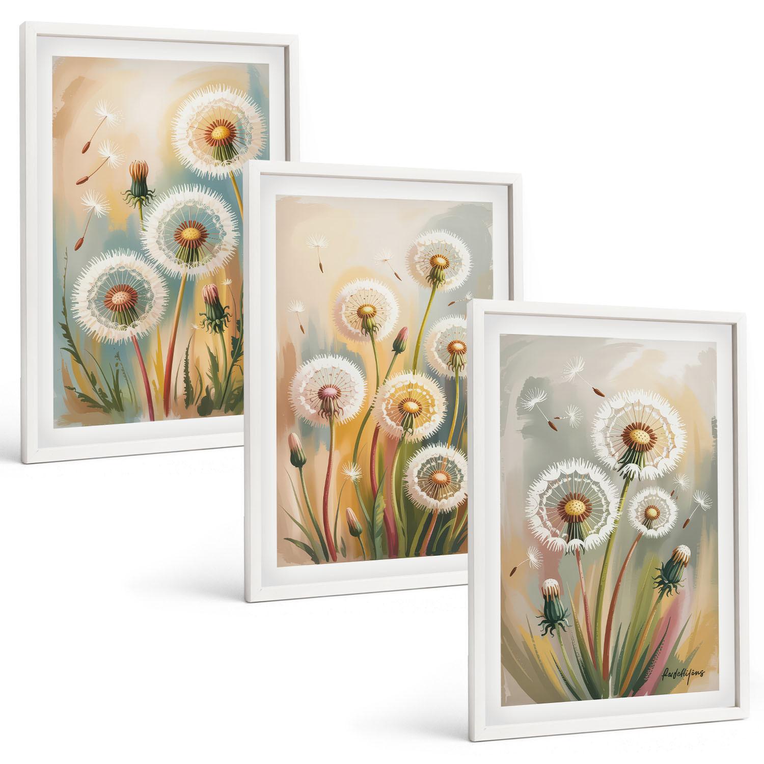 BILDER SET 3er Set - 40x60 cm Weißer Rahmen - Löwenzahnblüten, pastellfarbene Gräser - Weiß, Kunststoff (40/60cm) - TULUP