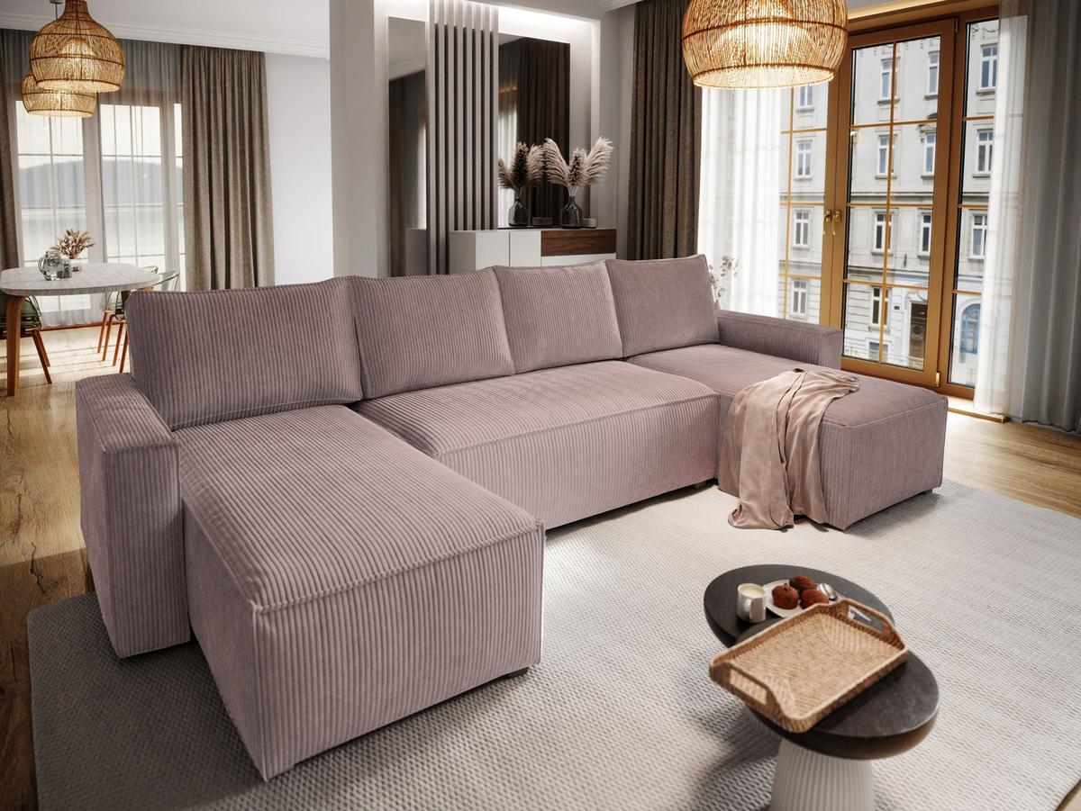 WOHNLANDSCHAFT ASPRA Lila Kordstoff mit Schlaffunktion - Lila/Grau, Holz/Kunststoff (295/85/140cm) - MASSENO