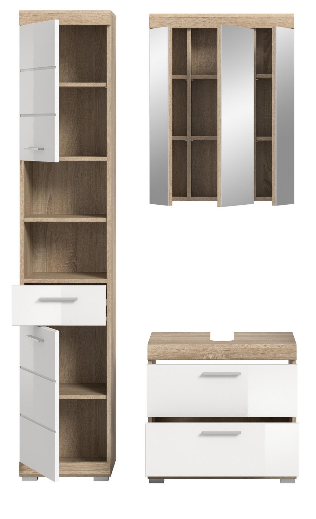 BADMÖBEL-SET weiß Hochglanz, Eiche 3-teilig 112 x 191 cm, viel Stauraum - Weiß Hochglanz/Eichefarben, Holzwerkstoff (112/191/37cm) - Inn.Furn