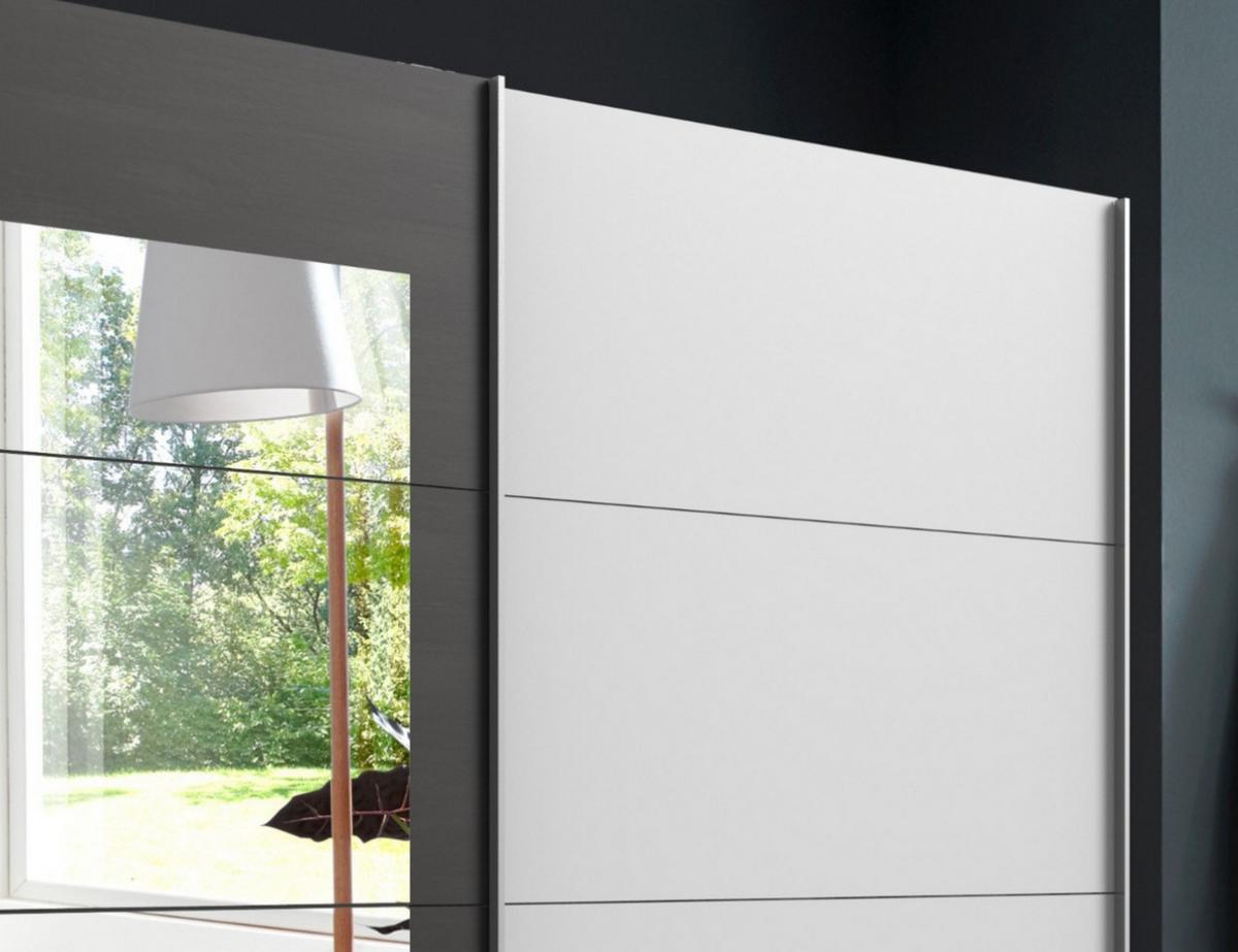 SCHWEBETÜRENSCHRANK 2-türig B225/H208/T65 cm, Kleiderschrank in Weiß mit Rahmenspiegel auf Tür in grauer Stahl-Optik / 22005 - Weiß/Grau, Holzwerkstoff/Metall (225/208/65cm) - luma-home