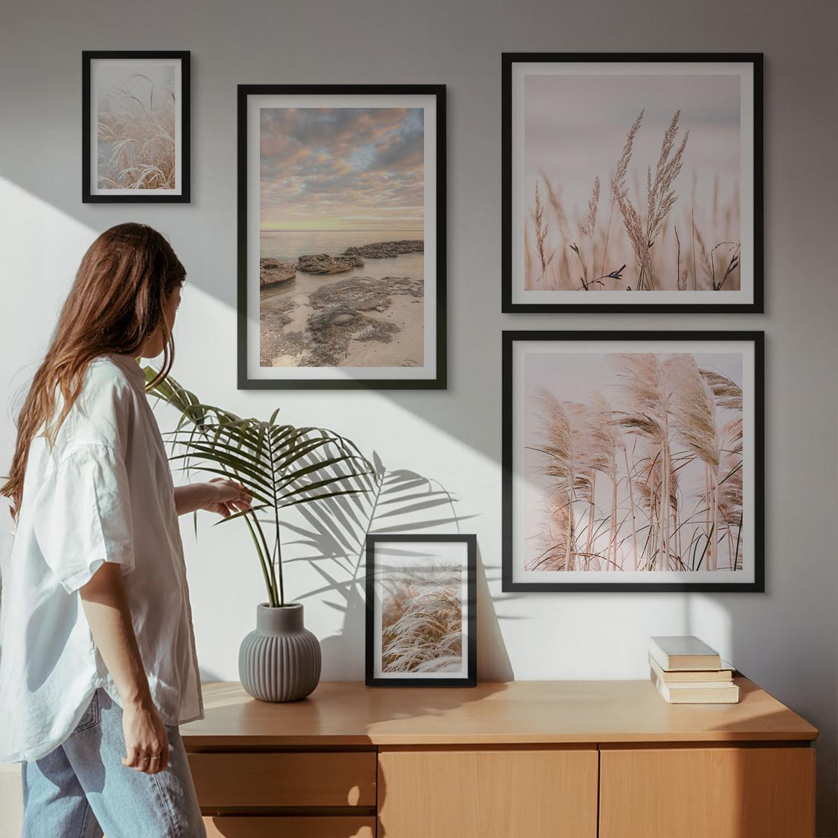 BILDER SET 5er Set - 50x50 cm & 20x30 cm & 40x60 cm Schwarzer Rahmen - Meerblick von Venedig - Schwarz, Kunststoff (40/60cm) - TULUP