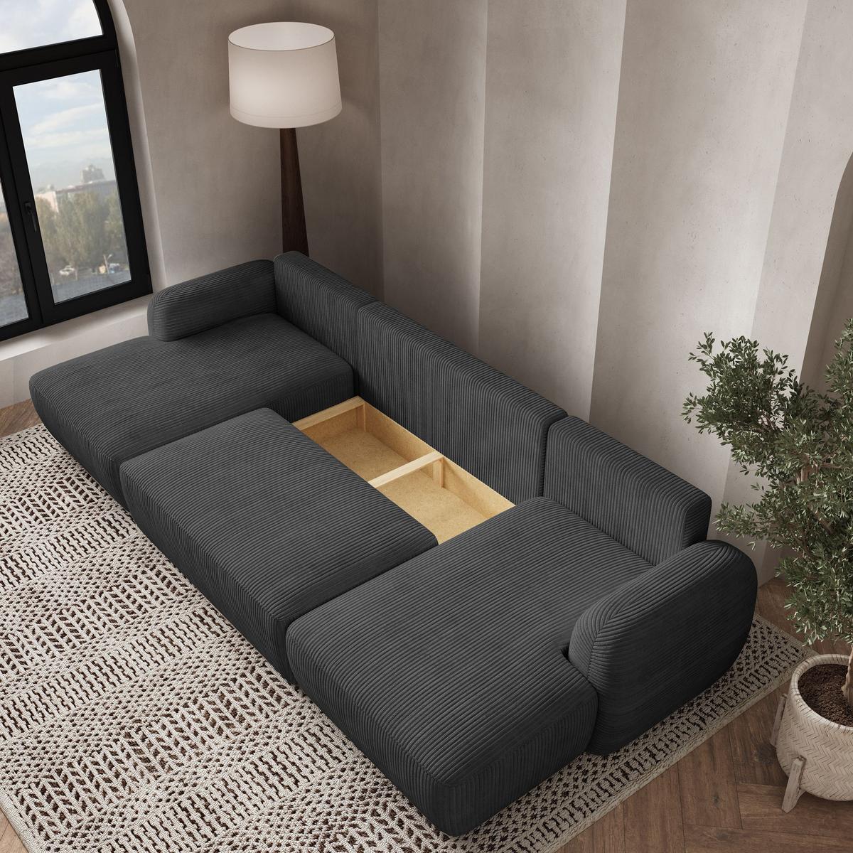 WOHNLANDSCHAFT SAVONA P Graphitfarben Kordstoff mit Schlaffunktion - Graphitfarben/Schwarz, Holz/Kunststoff (320/90/148cm) - MASSENO
