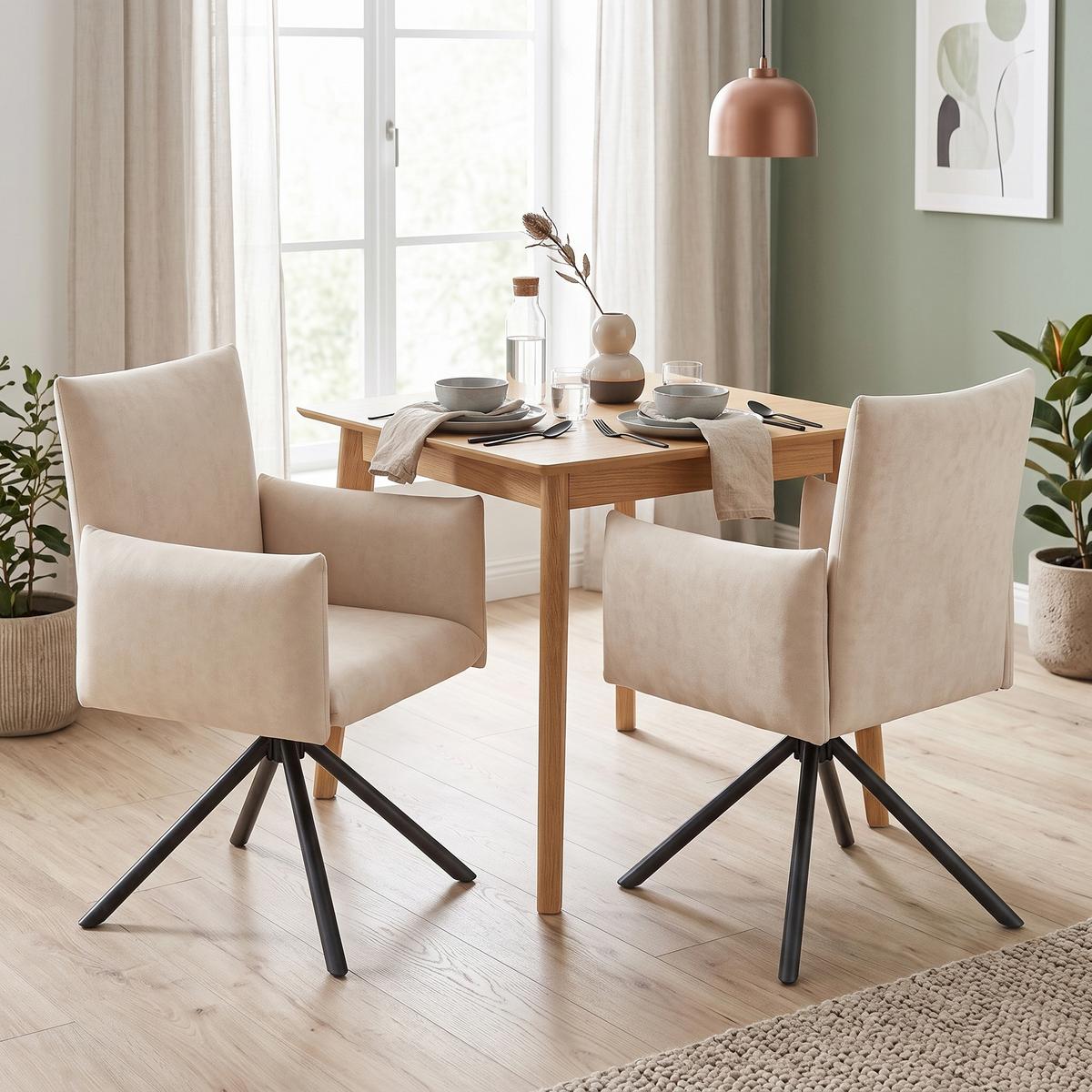 ESSZIMMERSTUHL 2er set samt gepolstert drehbar metallgestell mit armlehnen - Beige, Textil (60/88/60cm) - Urban Meuble