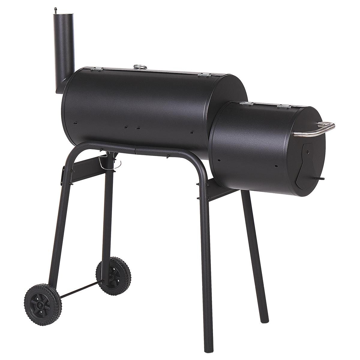 HOLZKOHLEGRILL mit Räucherkammer schwarz rollbar Katla - Schwarz, Metall (66/114/110cm)