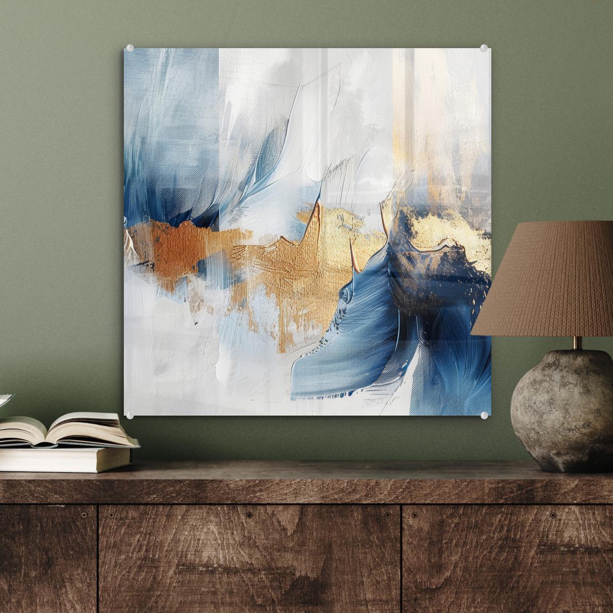 ACRYLGLASBILD Gold - Blau - Aquarell - Kunst - Modern 50x50 cm - Hellblau, Glas (50/50cm) - MuchoWow